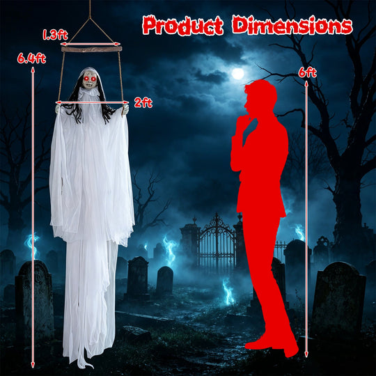 Hanging Ghost Girl Prop with Light-Up Eyes and Sound Effects