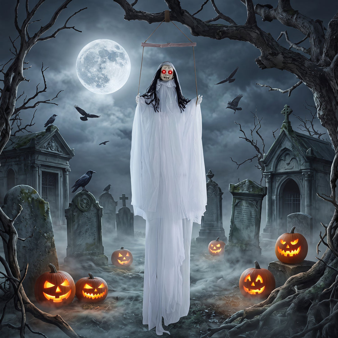 Hanging Ghost Girl Prop with Light-Up Eyes and Sound Effects