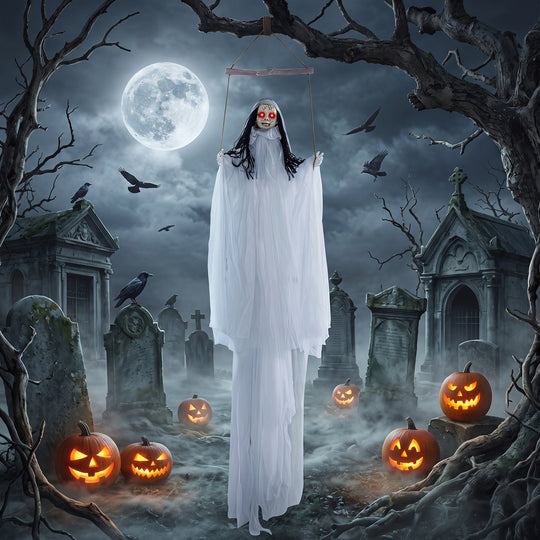 Hanging Ghost Girl Prop with Light-Up Eyes and Sound Effects