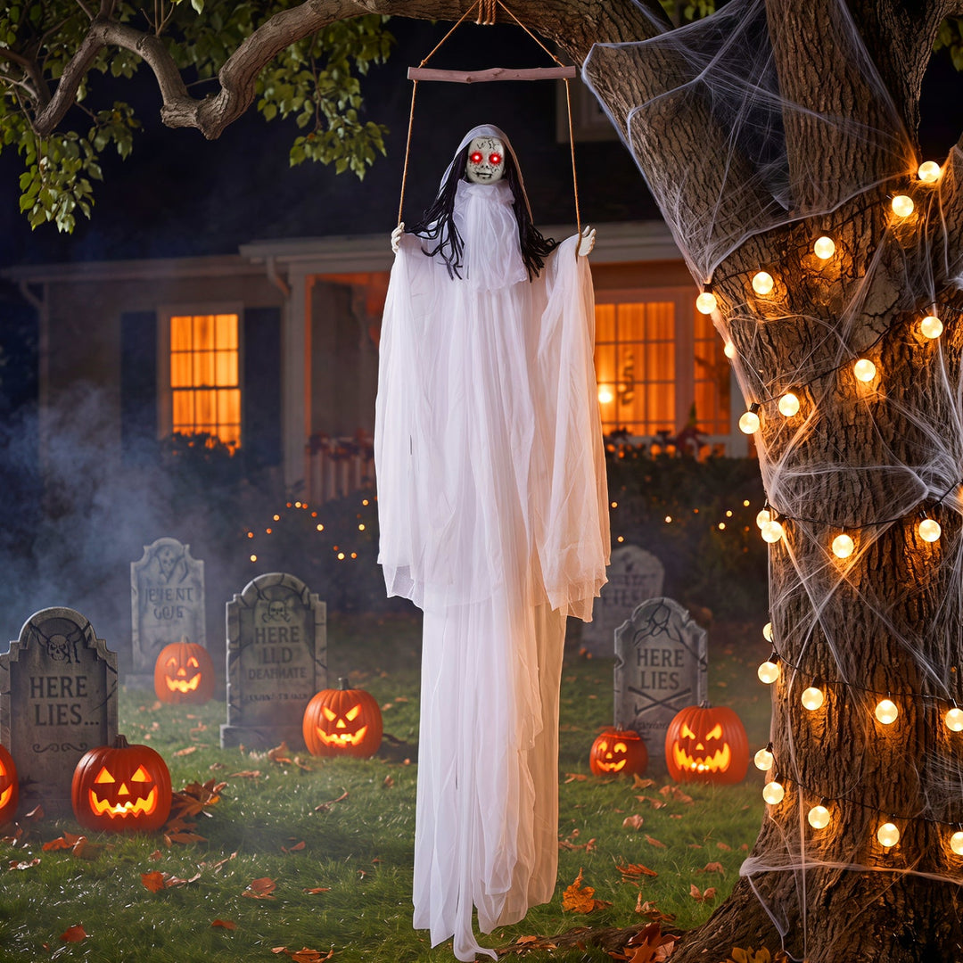Hanging Ghost Girl Prop with Light-Up Eyes and Sound Effects