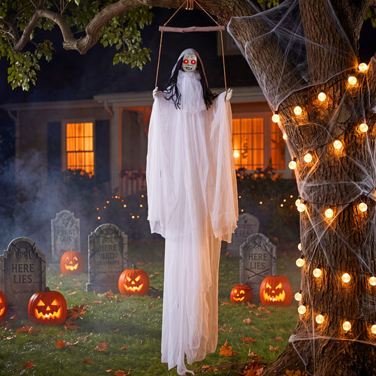 Hanging Ghost Girl Prop with Light-Up Eyes and Sound Effects