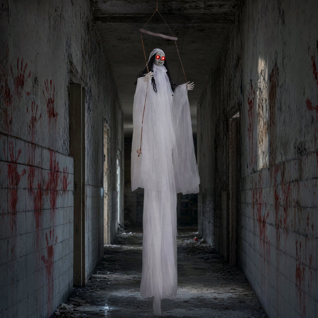 Hanging Ghost Girl Prop with Light-Up Eyes and Sound Effects
