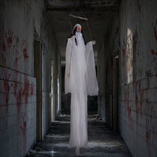 Hanging Ghost Girl Prop with Light-Up Eyes and Sound Effects