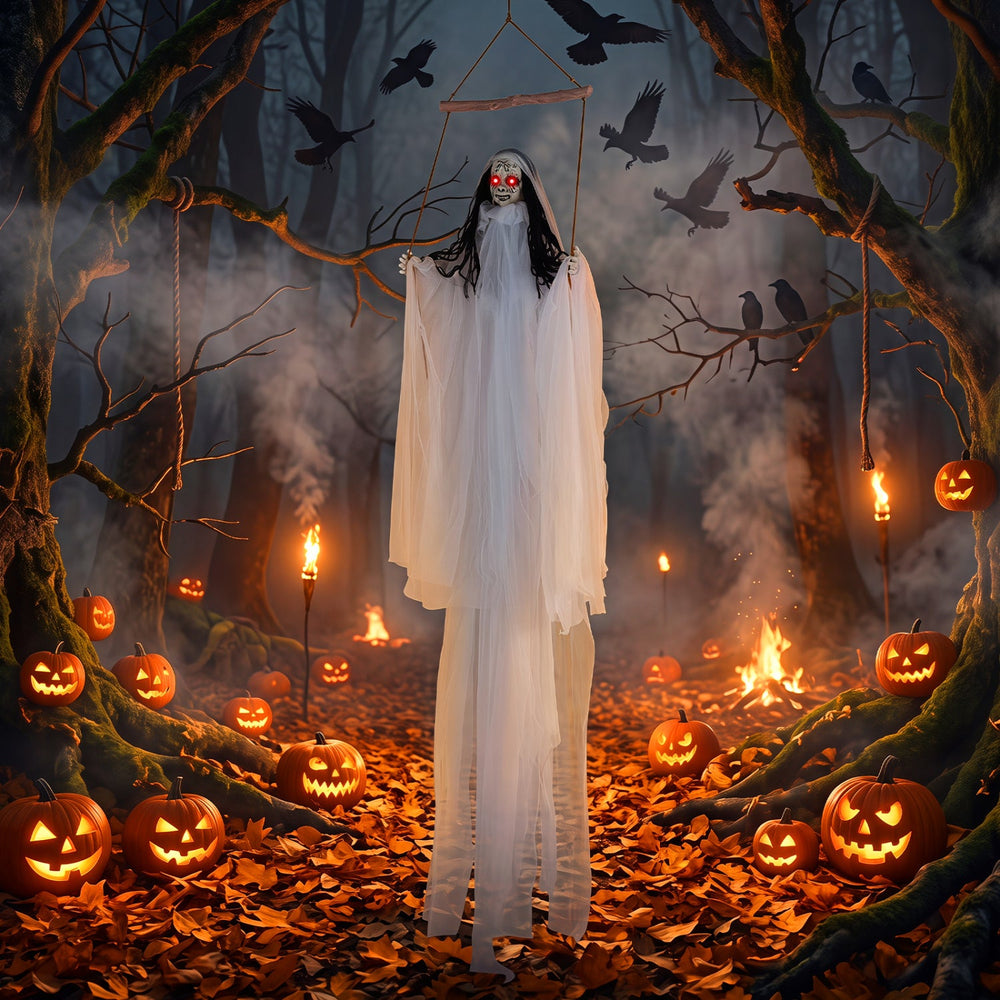 Hanging Ghost Girl Prop with Light-Up Eyes and Sound Effects