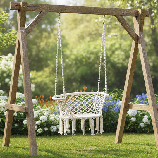 Hammock Chair Macrame Swing Hanging Cotton Rope Chair-Beige