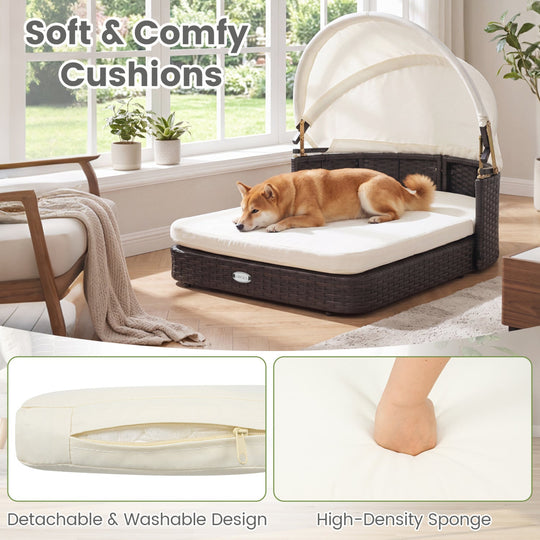 Rattan Pet Daybed with Adjustable Canopy for Small & Medium Dogs