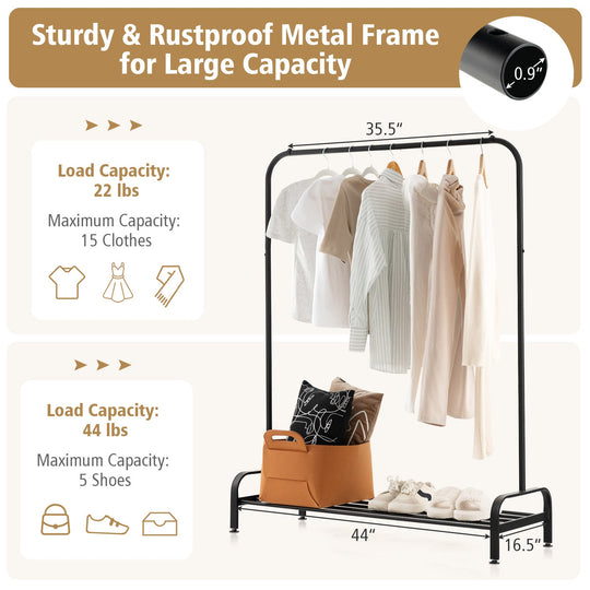 Heavy Duty Clothes Stand Rack with Top Rod and Lower Storage Shelf