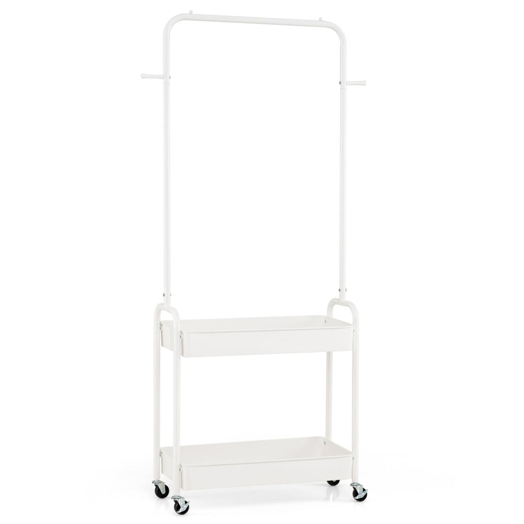 Heavy-Duty Laundry Cart with Hanging Rod and 2 Storage Baskets for Bedroom
