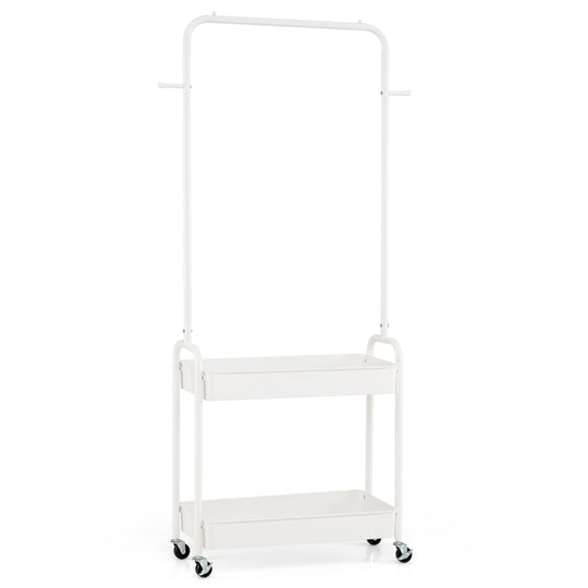 Heavy-Duty Laundry Cart with Hanging Rod and 2 Storage Baskets for Bedroom