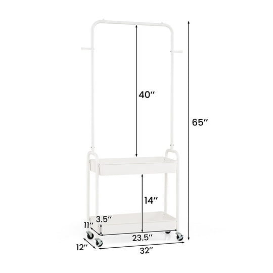 Heavy-Duty Laundry Cart with Hanging Rod and 2 Storage Baskets for Bedroom