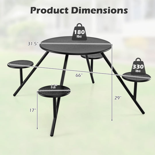 Round Picnic Table for 4 with Umbrella Hole and Iron Seats