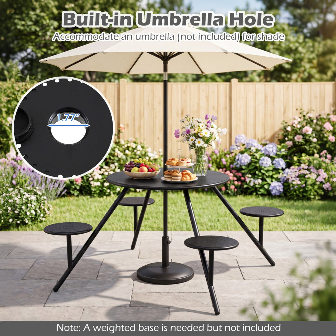 Round Picnic Table for 4 with Umbrella Hole and Iron Seats