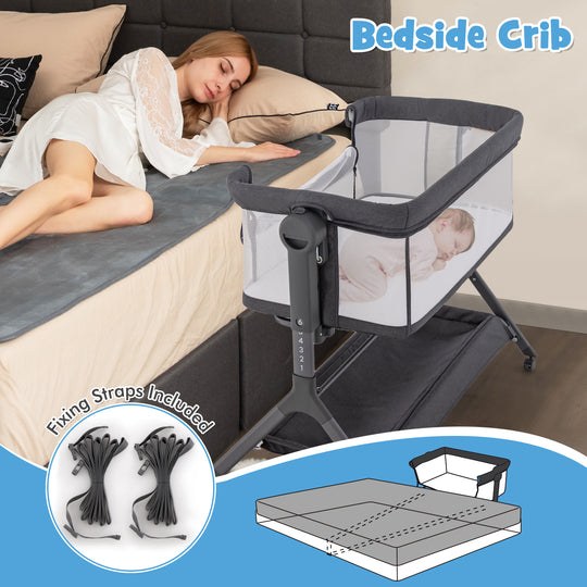 Height Adjustable Bedside Sleeper with Storage Bag and Soft Mattress for Baby-Gray