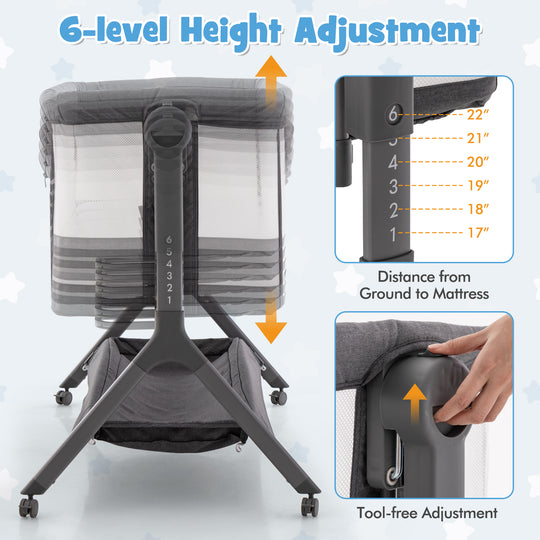 Height Adjustable Bedside Sleeper with Storage Bag and Soft Mattress for Baby-Gray