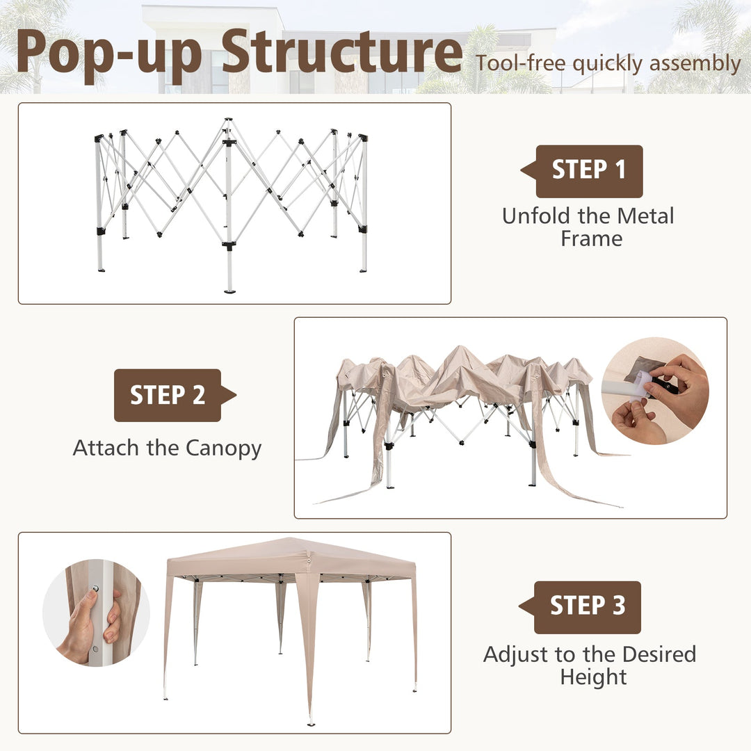 13 x 11.5 FT Hexagonal Pop-Up Height Adjustable Canopy Tent with Dressed Legs-Khaki