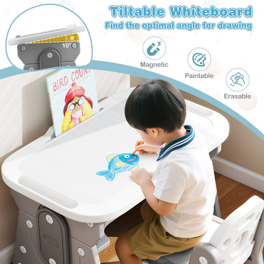 Height Adjustable Kids Table and Chair Set with Tiltable Whiteboard and Concave Shelf