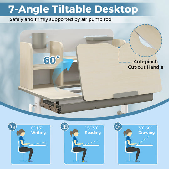 Height Adjustable Kids Study Desk with Tilt Desktop for 3-12 Years Old-Gray