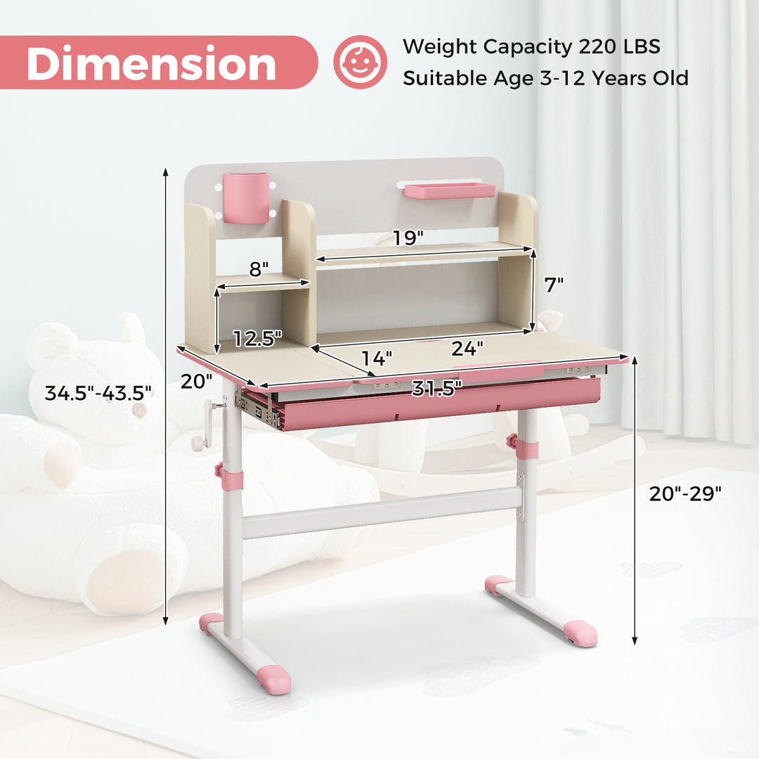 Height Adjustable Kids Study Desk with Tilt Desktop for 3-12 Years Old-Pink