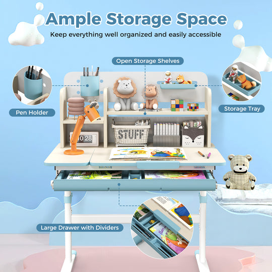 Height Adjustable Kids Study Desk with Tilt Desktop for 3-12 Years Old-Blue