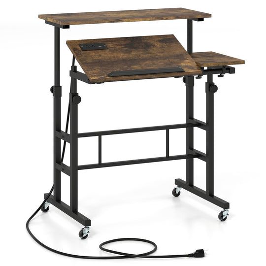 Mobile Standing Desk with Power Outlets & Adjustable Height