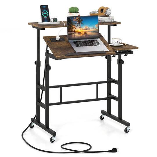 Mobile Standing Desk with Power Outlets & Adjustable Height