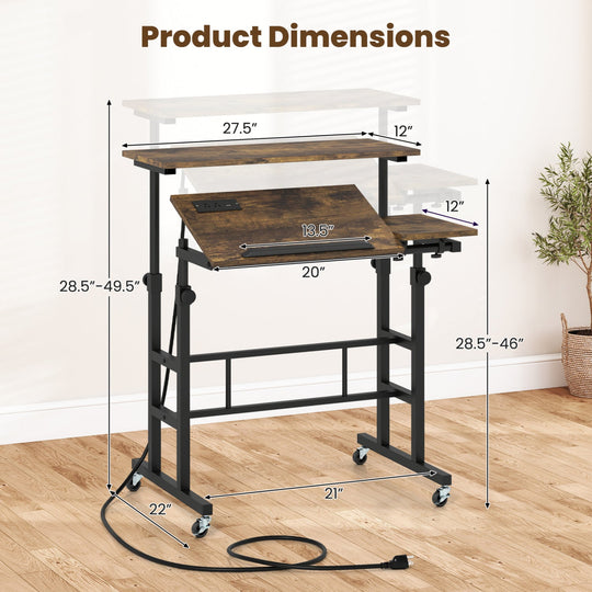 Mobile Standing Desk with Power Outlets & Adjustable Height