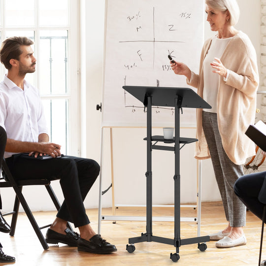Mobile Lectern Podium Height-adjustable Rolling Laptop Cart with Tilting Top Storage Tray