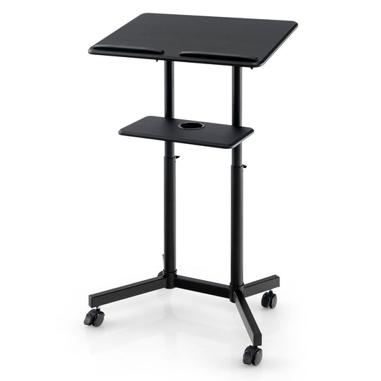 Mobile Lectern Podium Height-adjustable Rolling Laptop Cart with Tilting Top Storage Tray