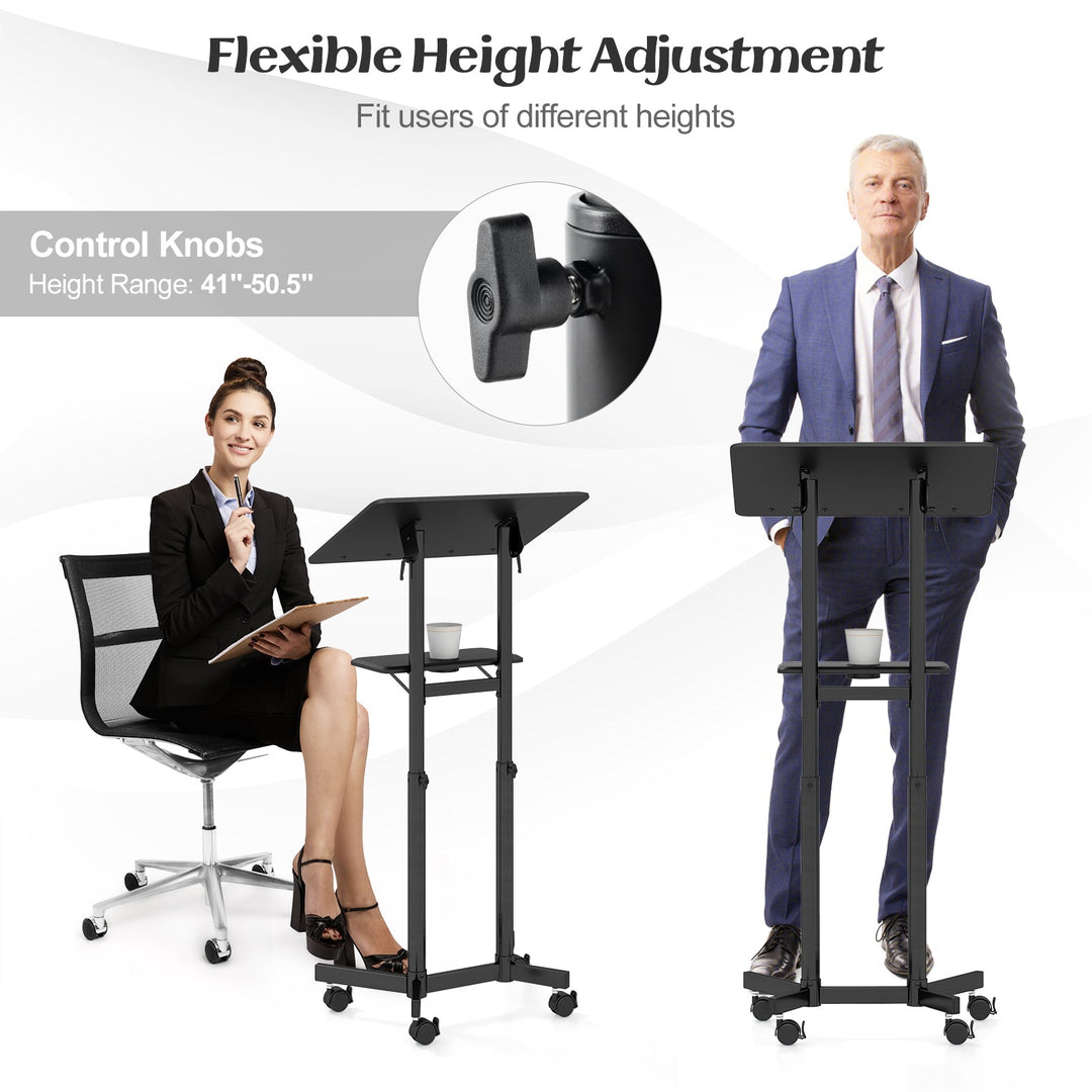 Mobile Lectern Podium Height-adjustable Rolling Laptop Cart with Tilting Top Storage Tray
