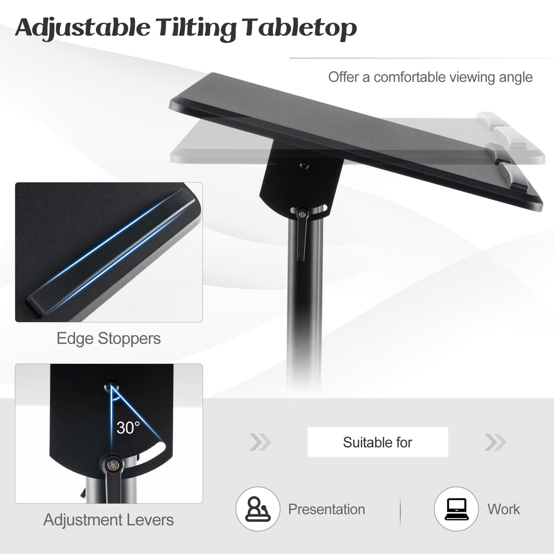 Mobile Lectern Podium Height-adjustable Rolling Laptop Cart with Tilting Top Storage Tray
