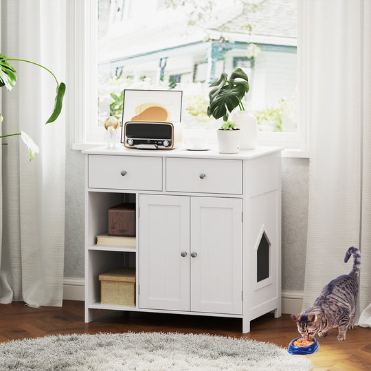 Hidden Cat Washroom Side Cabinet Wooden Pet House with 2 Drawers-White