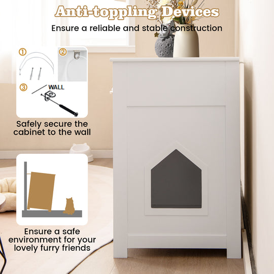 Hidden Cat Washroom Side Cabinet Wooden Pet House with 2 Drawers-White