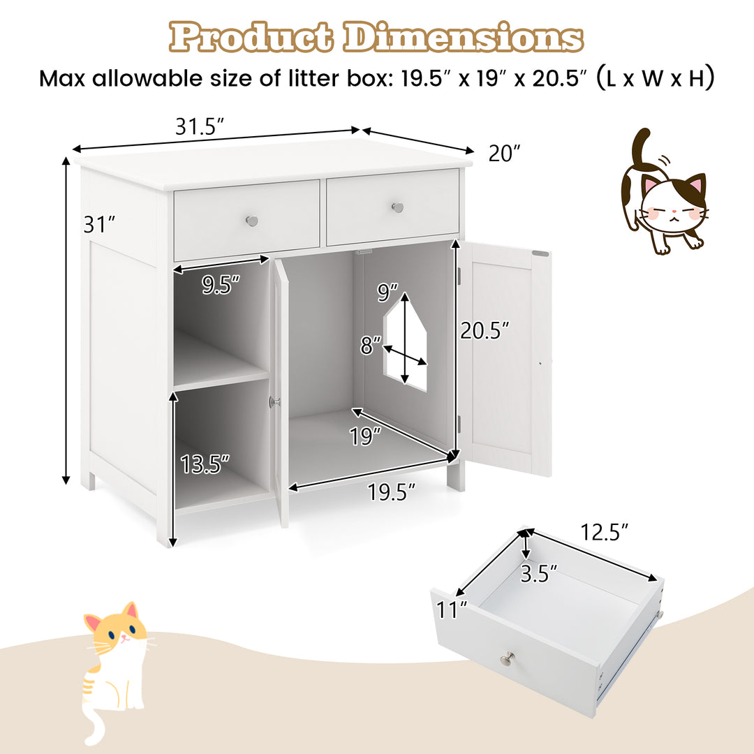 Hidden Cat Washroom Side Cabinet Wooden Pet House with 2 Drawers-White