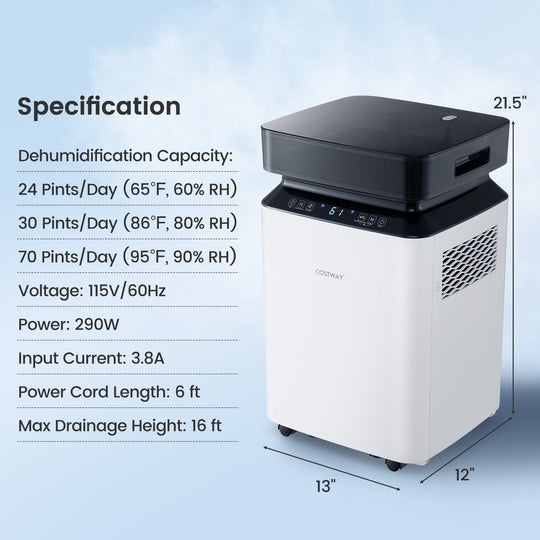 70/90 Pint 4500/6000 Sq. Ft Dehumidifier with Continuous and Auto Mode