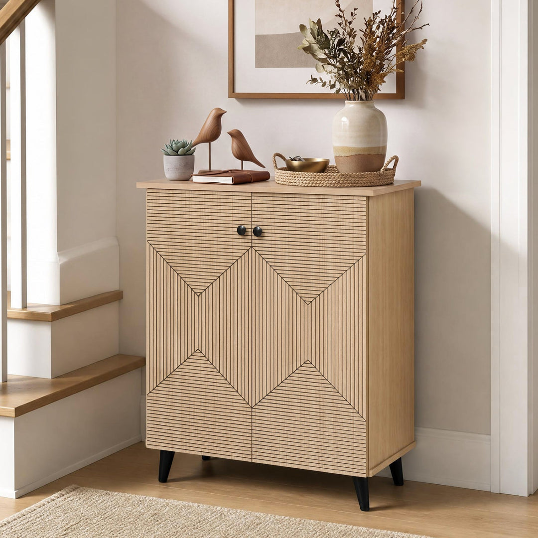 2-Door Geometric Shoe Cabinet with Carved Panels