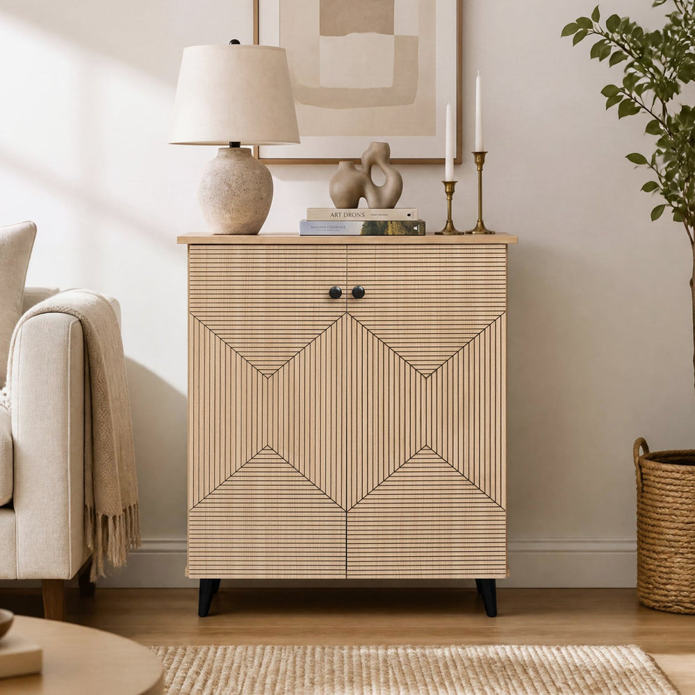 2-Door Geometric Shoe Cabinet with Carved Panels