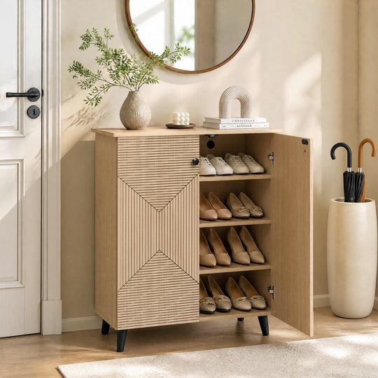 2-Door Geometric Shoe Cabinet with Carved Panels