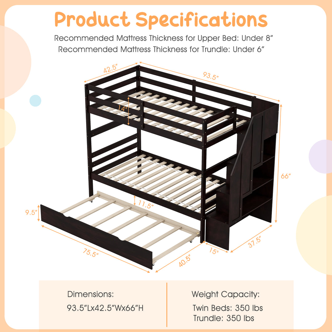 Home Wood Bunk Bed with Guard Rail and 4-step Storage Stairs No Box Spring Needed-Brown