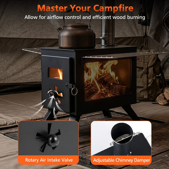 Hot Tent Wood Burning Stove with 8 Chimney Pipes & Ash Tray