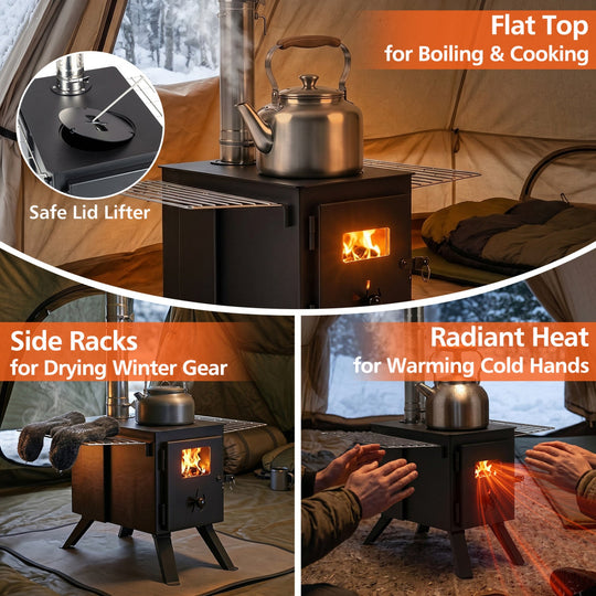 Hot Tent Wood Burning Stove with 8 Chimney Pipes & Ash Tray