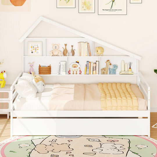 House-Shaped Full Size Daybed with Twin Size Trundle-White