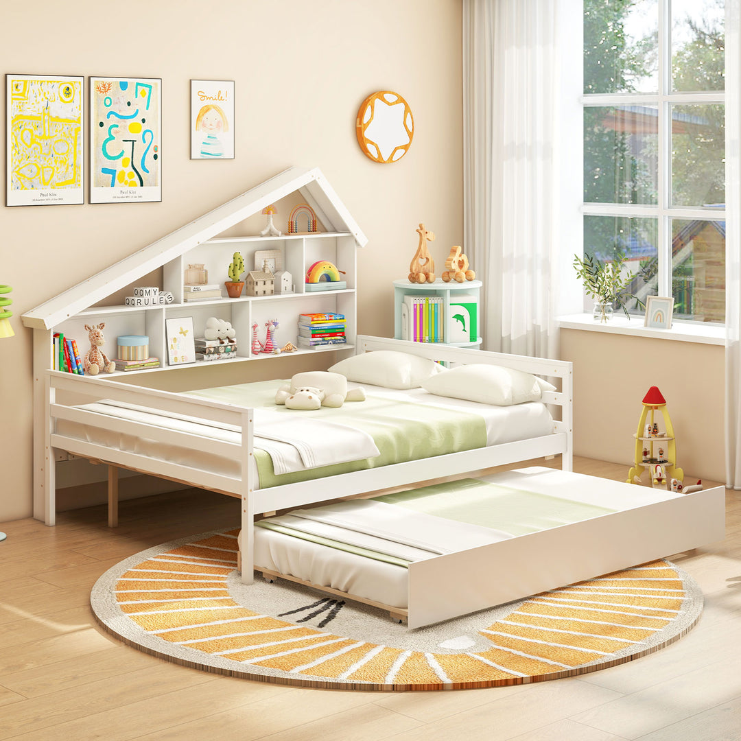 House-Shaped Full Size Daybed with Twin Size Trundle-White
