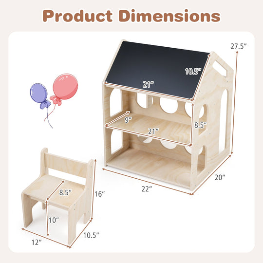 House-shaped Wooden Activity Kids Table Chair Set-Natural