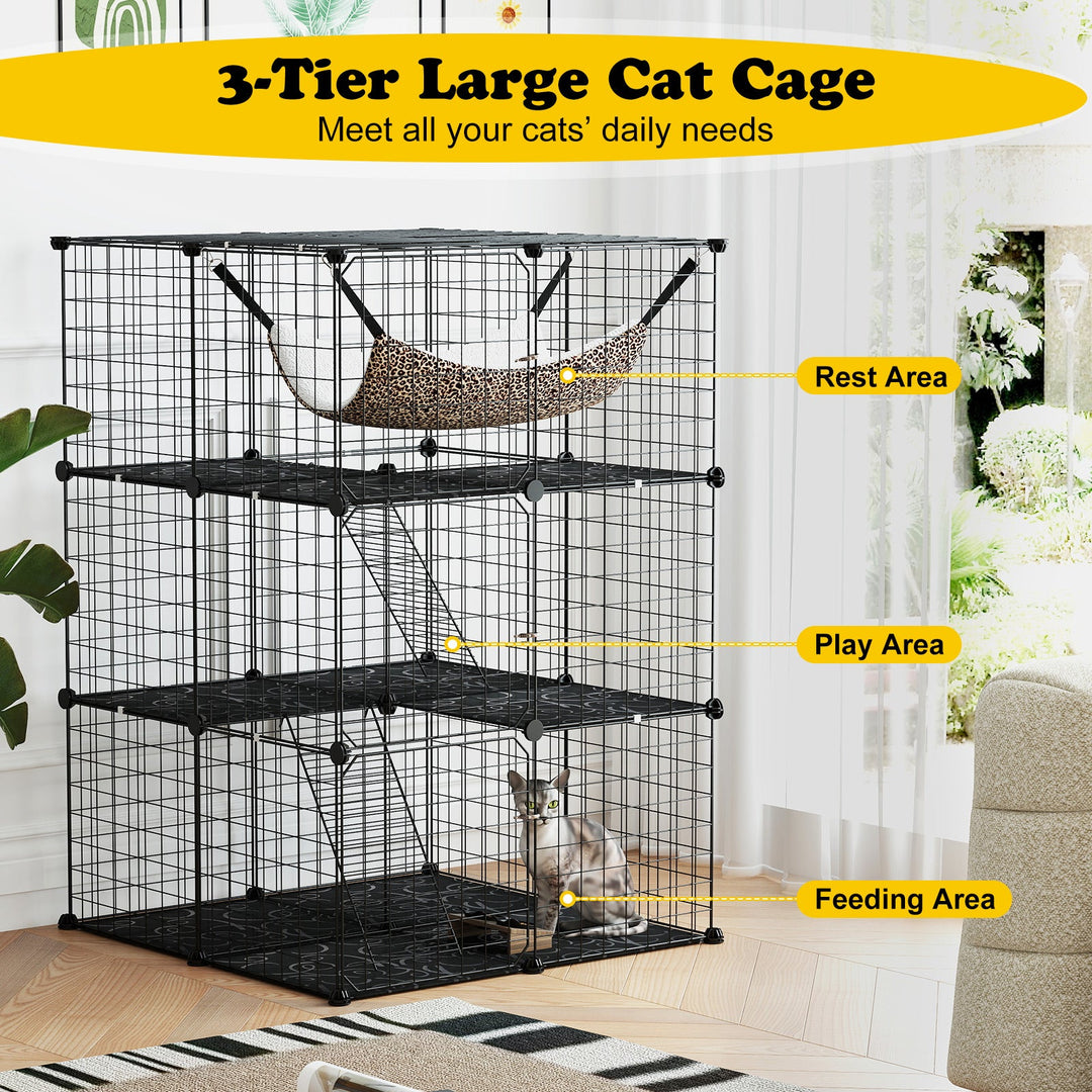 Indoor Cat Cage 3-Tier Cat Enclosure Detachable Metal Wire Kennel-Black