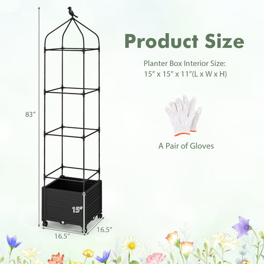 Indoor Outdoor Raised Garden Bed with Trellis and Self-Drainage and Wheels-Black