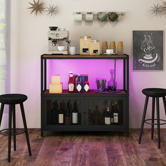 Industrial Coffee Bar Cabinet with LED Lights and Charging Station-Rustic Brown