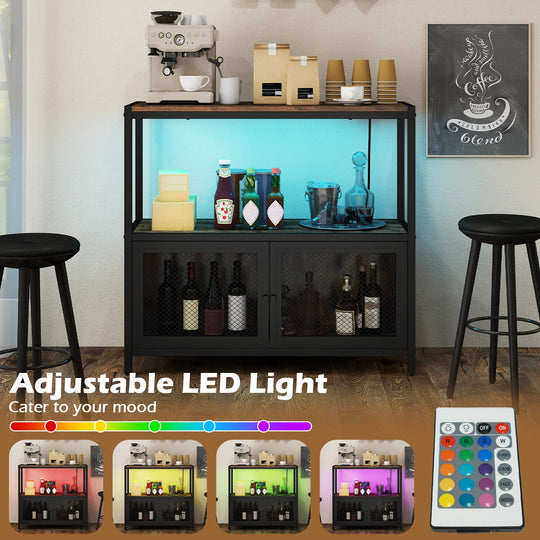 Industrial Coffee Bar Cabinet with LED Lights and Charging Station-Rustic Brown