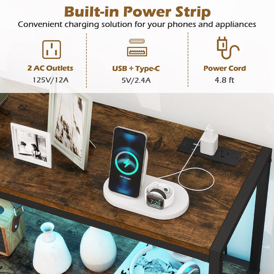 Industrial Coffee Bar Cabinet with LED Lights and Charging Station-Rustic Brown
