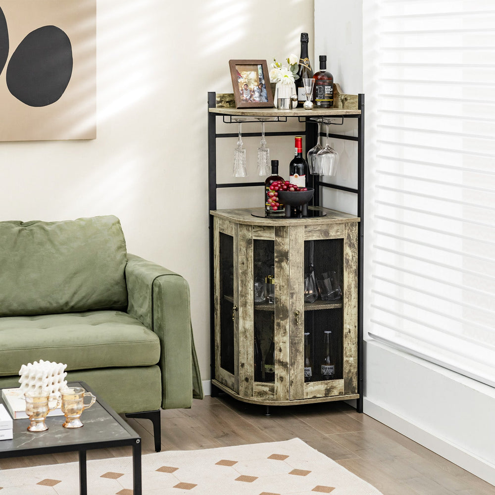 Corner Bar Cabinet with Glass Holder and Adjustable Shelf