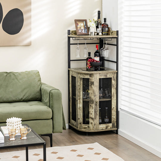 Corner Bar Cabinet with Glass Holder and Adjustable Shelf